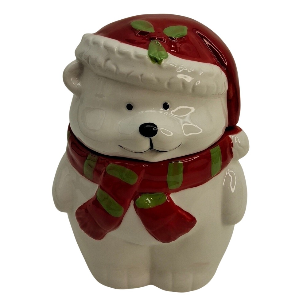 NIB Gibson Home 7.5" Joyful Bear Stoneware Cookie Jar Christmas Santa Hat